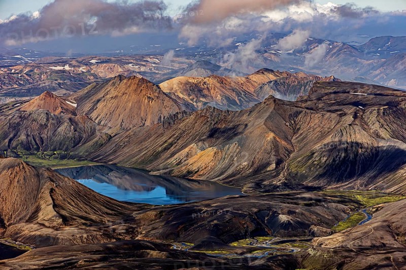 Mountain landscape, lake, river, sunny, summer, volcanic landscape, aerial view, Landmannalaugar, Fjallabak Nature Reserve, Icelandic Highlands, Iceland