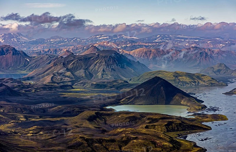 Mountain landscape, lake, river, sunny, summer, volcanic landscape, aerial view, Landmannalaugar, Fjallabak Nature Reserve, Icelandic Highlands, Iceland