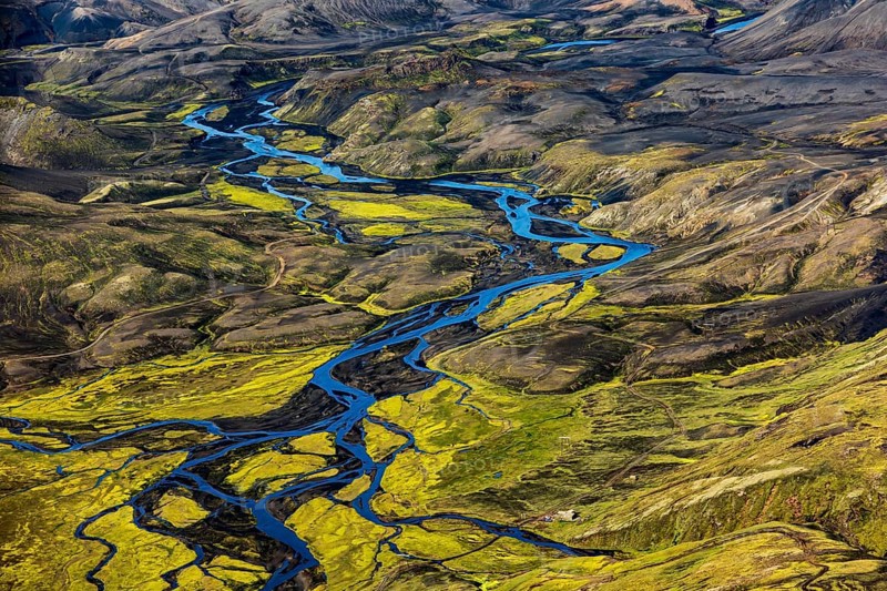 Mountain landscape, river, sunny, summer, volcanic landscape, aerial view, Landmannalaugar, Fjallabak Nature Reserve, Icelandic Highlands, Iceland