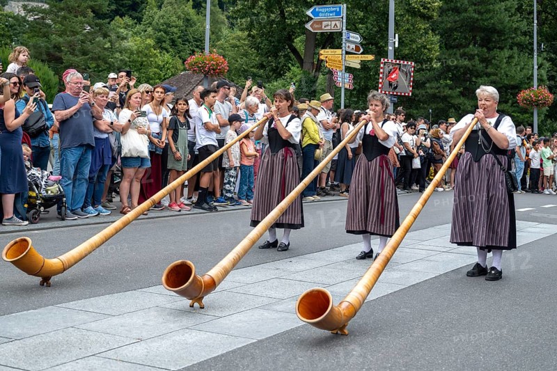 Bank holidays alphorn players, Interlaken, Switzerland