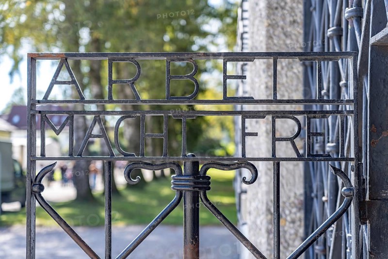 Tor tor at Dachau concentration camp with inscription Arbeit macht frei, Dachau Concentration Camp Memorial, Bavaria, Germany
