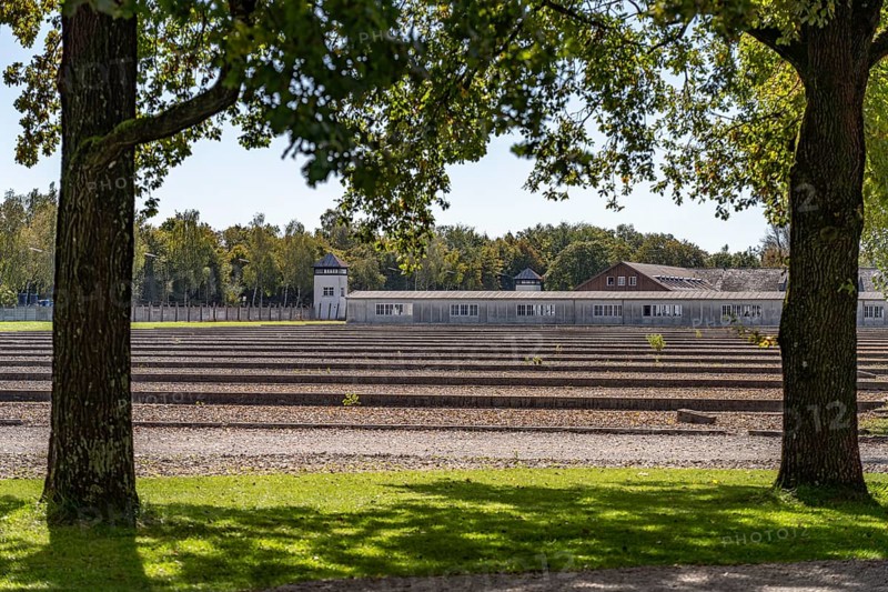 Foundations of the prisoners' barracks and watchtower, Dachau Concentration Camp Memorial, Bavaria, Germany