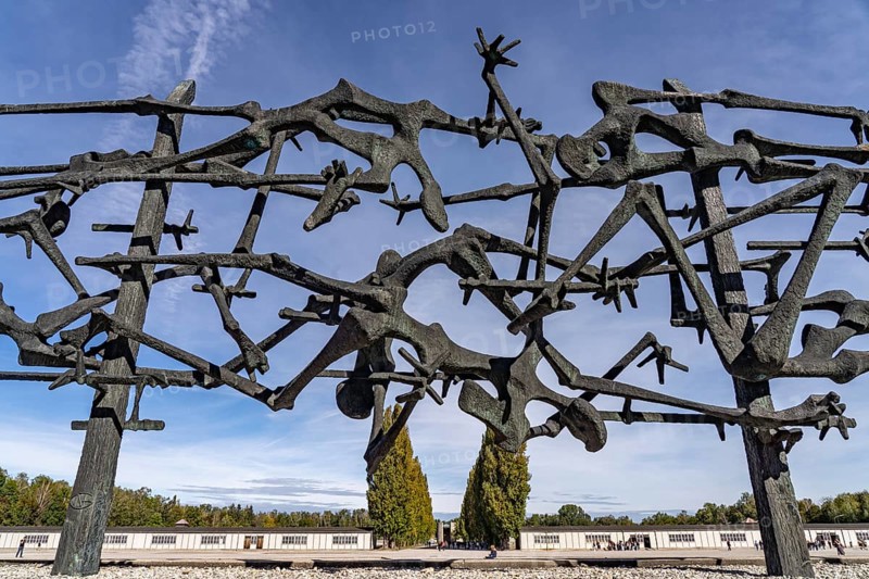 Monument Skeletons in the barbed wire by the Jewish sculptor Nandor Glid, Dachau Concentration Camp Memorial, Bavaria, Germany