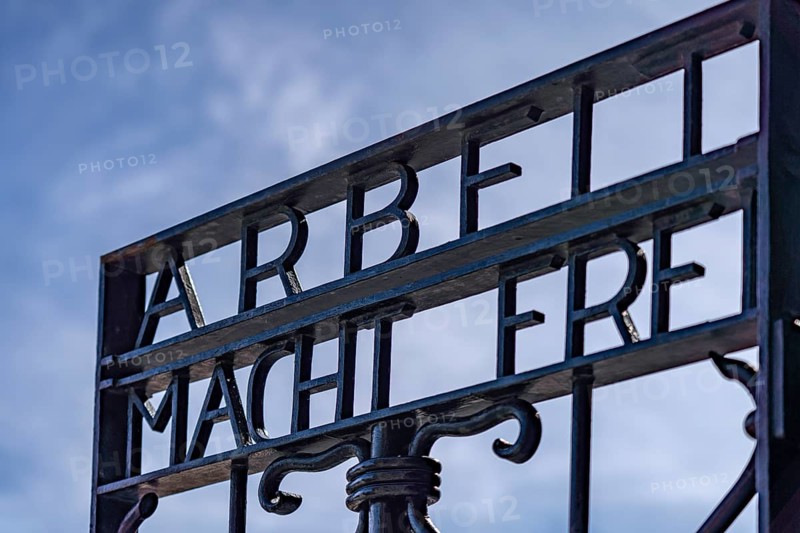 Tor tor at Dachau concentration camp with inscription Arbeit macht frei, Dachau Concentration Camp Memorial, Bavaria, Germany
