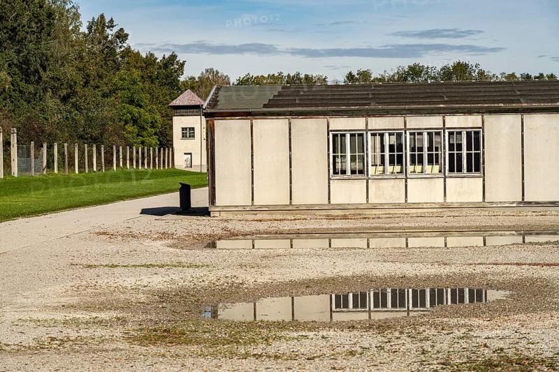 Appellplatz, barracks and watchtower of the Dachau Concentration Camp Memorial, Bavaria, Germany