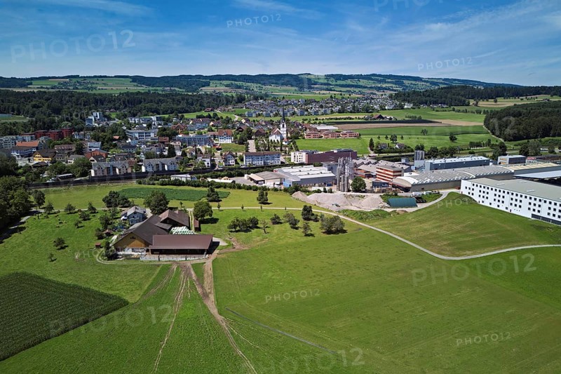 View of the village with the catholic parish church Mariä Geburt, on the right the industrial area, behind the Lindenberg, Sins, Freiamt, Canton, Aargau, Switzerland