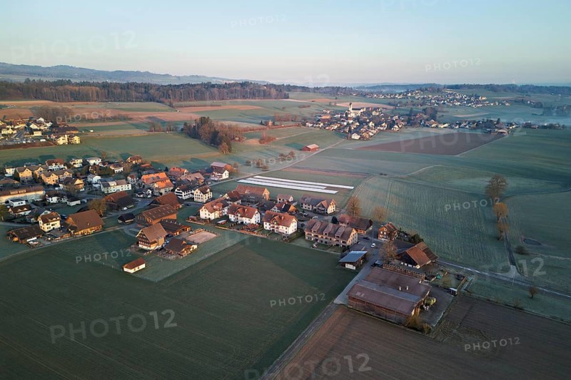 View of the village, surrounded by fields, Aristau, Freiamt, Canton, Aargau, Switzerland