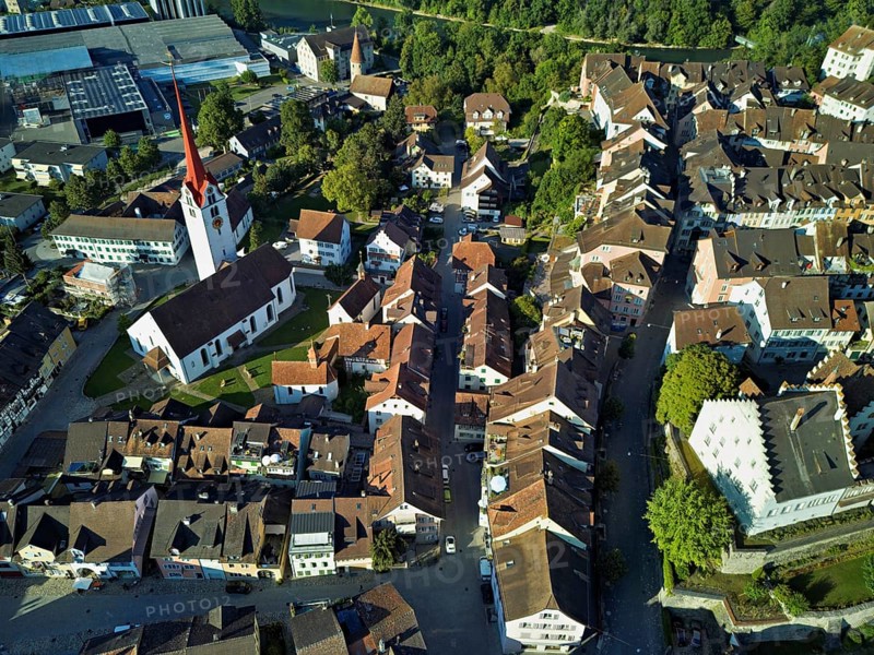Old town with the Catholic Church of St Nicholas from above, Bremgarten, Freiamt, Canton, Aargau, Switzerland