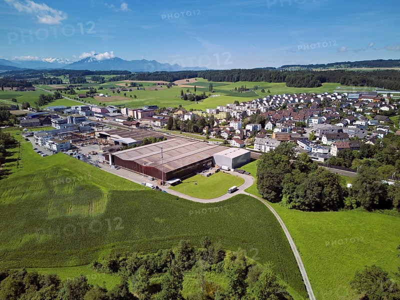 View of the village, industrial area on the left, Sins, Freiamt, Canton, Aargau, Switzerland