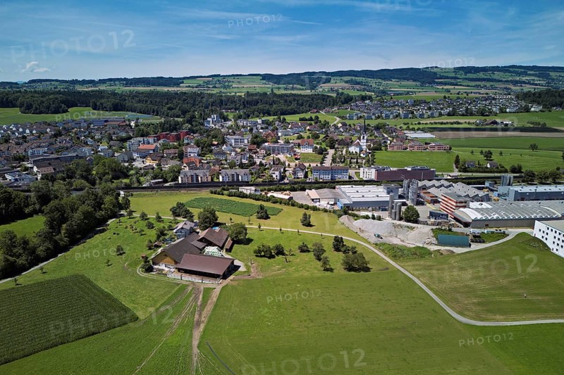 View of the village with the Catholic parish church of the Nativity of the Virgin Mary, industrial area on the right, Sins, Freiamt, Canton Aargau, Switzerland