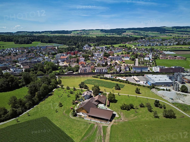 View of the village with the Catholic parish church Mariä Geburt, on the right the industrial area, behind the Lindenberg, Sins, Freiamt, Canton Aargau, Switzerland