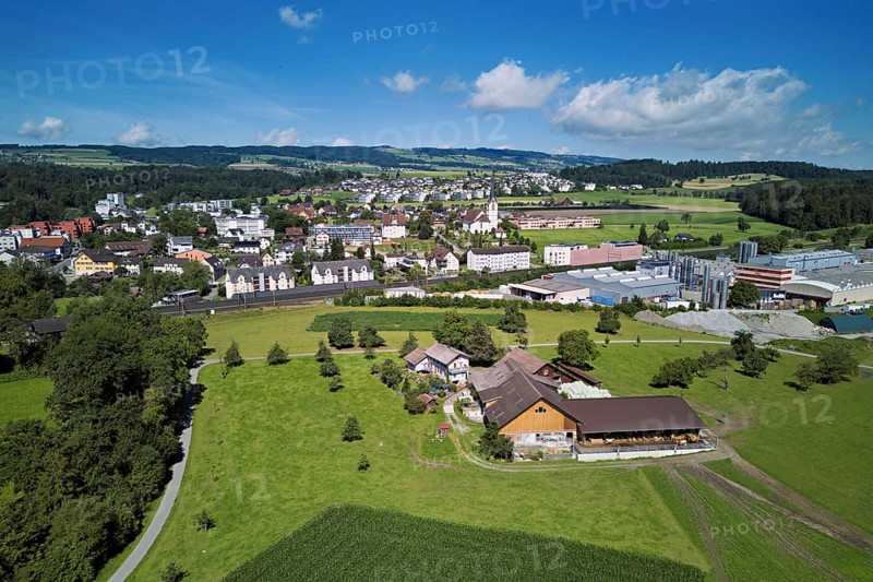 View of the village with the catholic parish church Mariä Geburt, on the right the industrial area, Sins, Freiamt, Canton, Aargau, Switzerland
