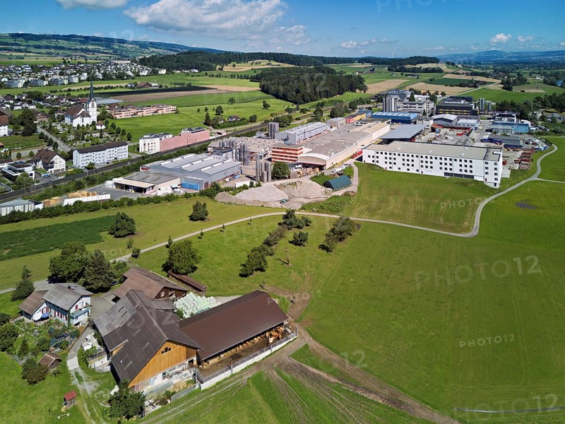 View of the village with the catholic parish church Mariä Geburt, on the right the industrial area, Sins, Freiamt, Canton, Aargau, Switzerland
