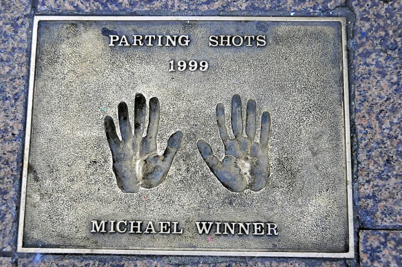 Memorial plaque with handprints and inscription for Michael Winner from 1999, London, England, Great Britain