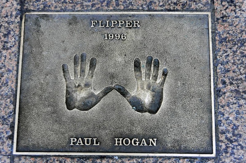 Metal plate with handprints and inscription by Paul Hogan, Flipper 1996, London, England, Great Britain