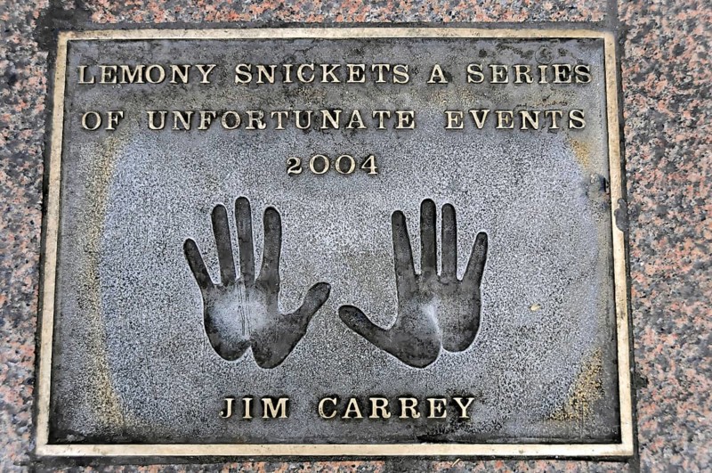 Commemorative plaque with handprints and inscription for Jim Carrey from 2004, London, England, Great Britain
