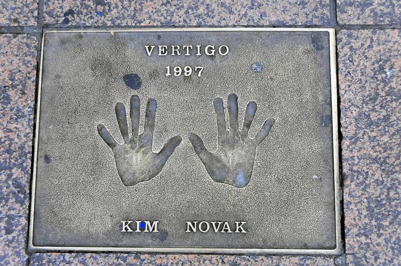 Memorial plaque with handprints and inscription for Kim Novak from 1997, London, England, Great Britain