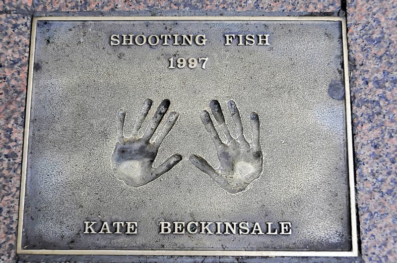 Handprints of Kate Beckinsale on a pavement slab from 1997, London, England, Great Britain