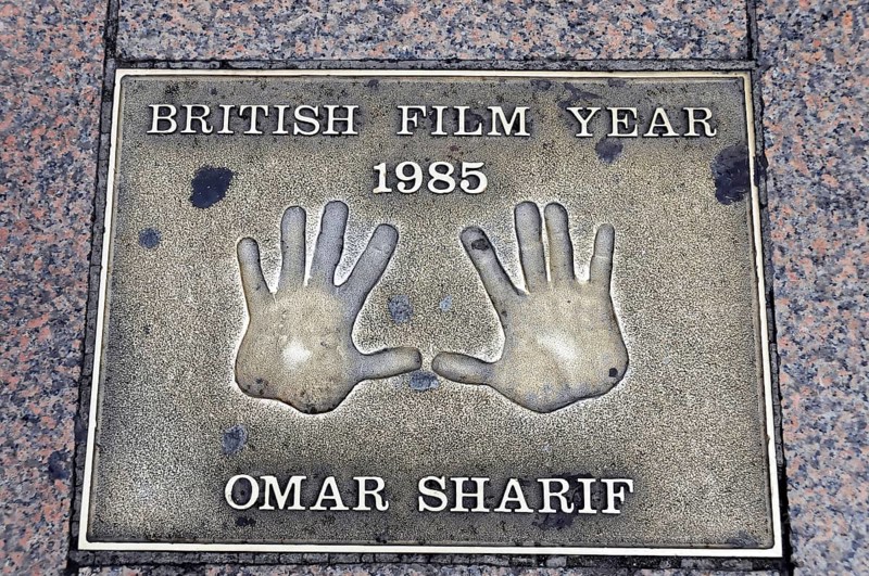 Omar Sharif's handprints for British Film Year 1985 on a metal plate, London, England, Great Britain
