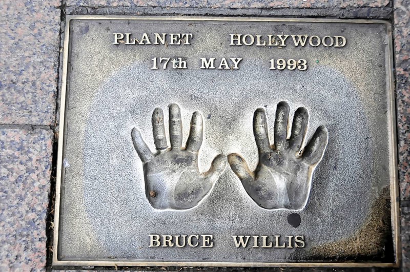 Handprints of Bruce Willis on a pavement slab from 1993, London, England, Great Britain