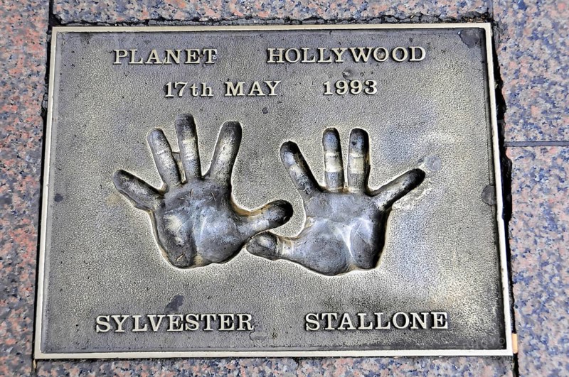 Sylvester Stallone's handprints for Planet Hollywood on a metal plate, London, England, Great Britain