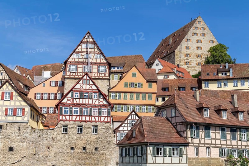 City view of a town named Schwaebisch Hall in Southern Germany at summer time