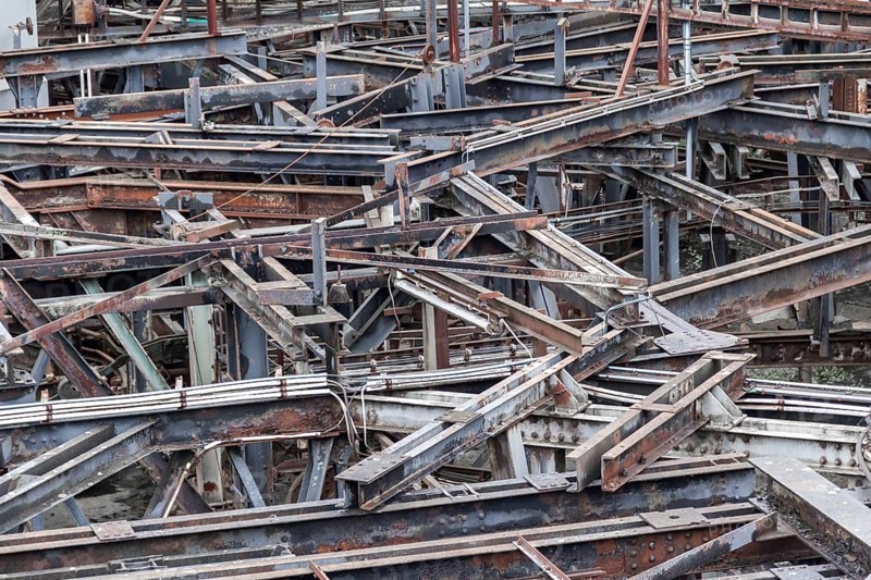 Weathered rusty industrial scenery with lots of old corroded steel girders