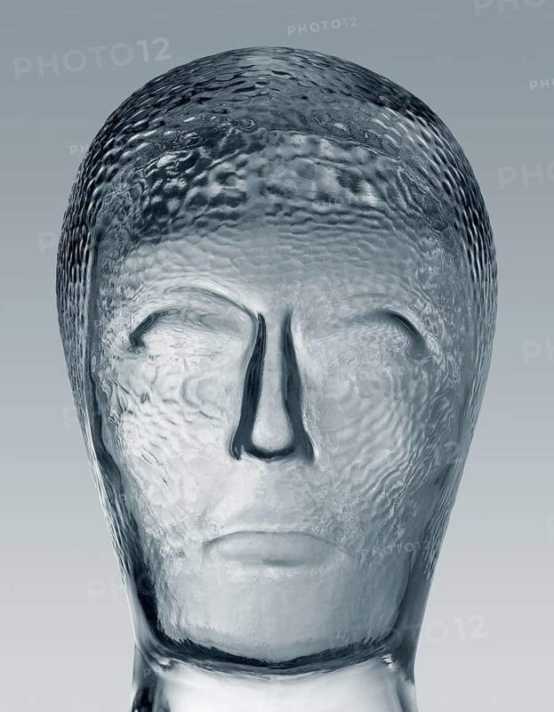 Profile shot of a generic human dummy head made of glass in gradient grey back, with clipping path