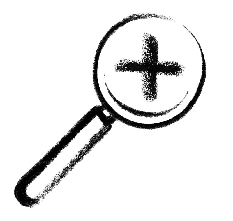 Crayon-sketched illustration of a magnifying glass with plus mark in it