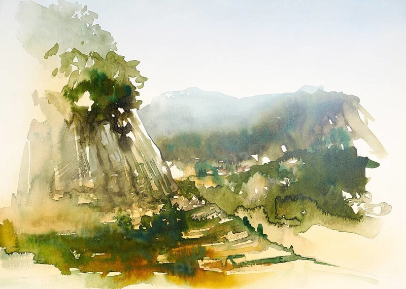 Watercolor painting showing a landscape in Tuscany at summer time