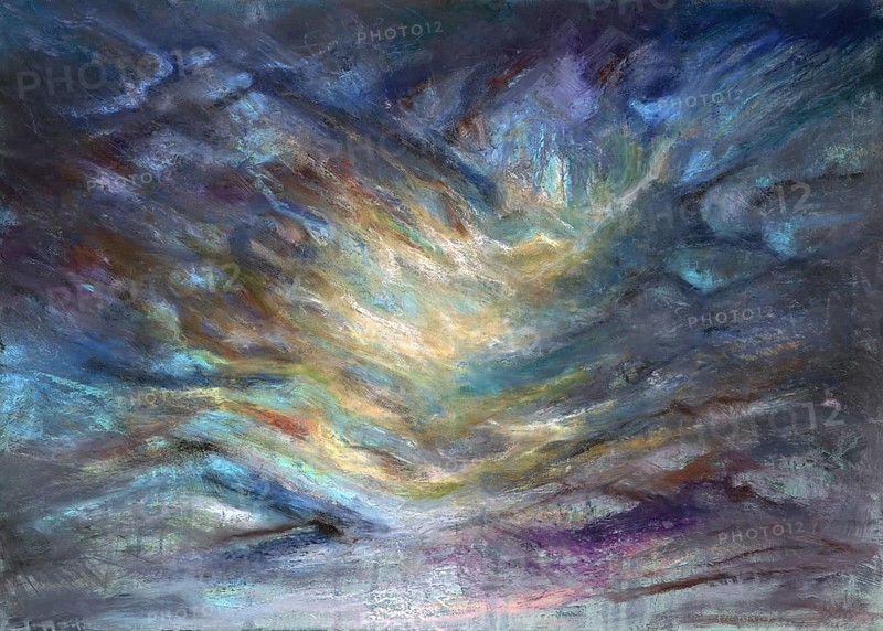 Abstract picture painted by me showing a mountain and valley in pastel colors