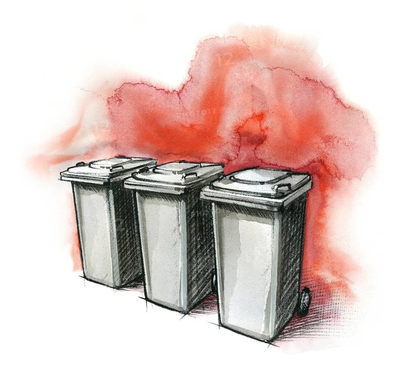 Watercolor and crayon illustration showing some grey garbage cans in red back