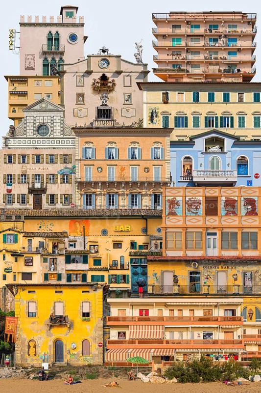 Urban montage with Italian architecture, fictional, fantasy, city, house, Mediterranean, Italy