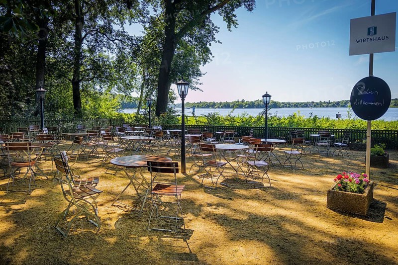 Empty beer garden, gastronomy, pub, Wannsee, Berlin, Germany