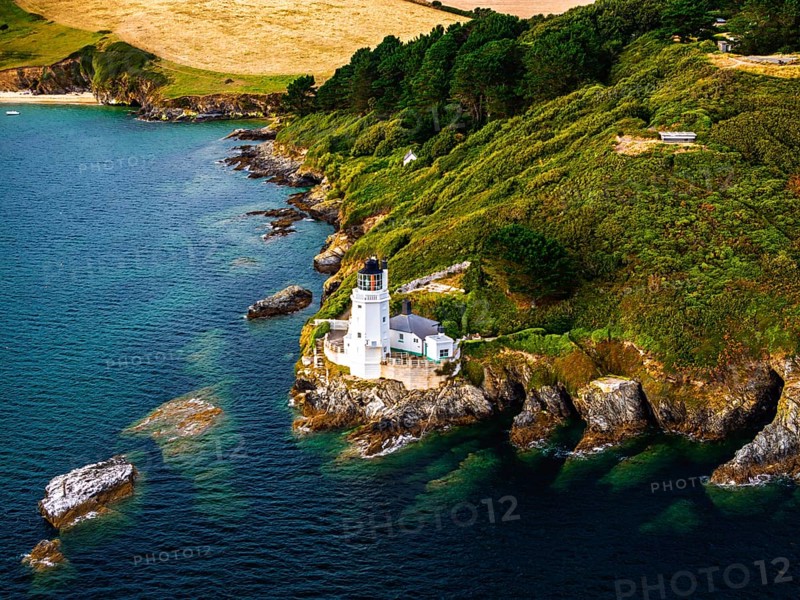 St Anthony Lighthouse from drone, Roseland peninsula, Head circular walk, Cornwall, UK