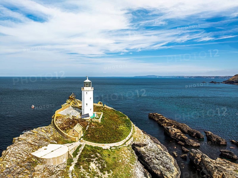 Godrevy Lighthouse from a drone, Godrevy Island, St Ives Bay, Cornwall, England, United Kingdom