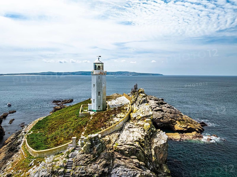 Godrevy Lighthouse from a drone, Godrevy Island, St Ives Bay, Cornwall, England, United Kingdom