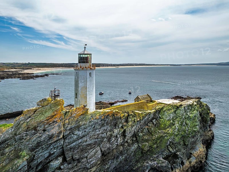 Godrevy Lighthouse from a drone, Godrevy Island, St Ives Bay, Cornwall, England, United Kingdom