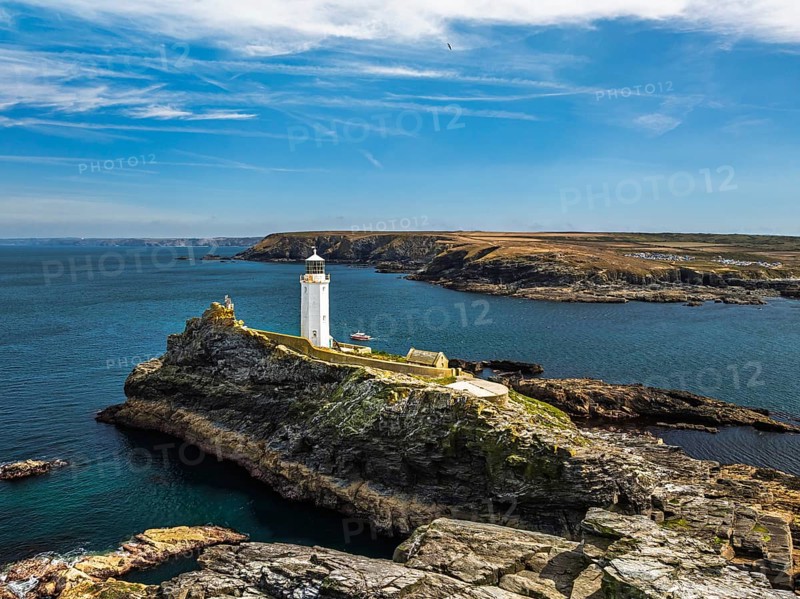 Godrevy Lighthouse from a drone, Godrevy Island, St Ives Bay, Cornwall, England, United Kingdom