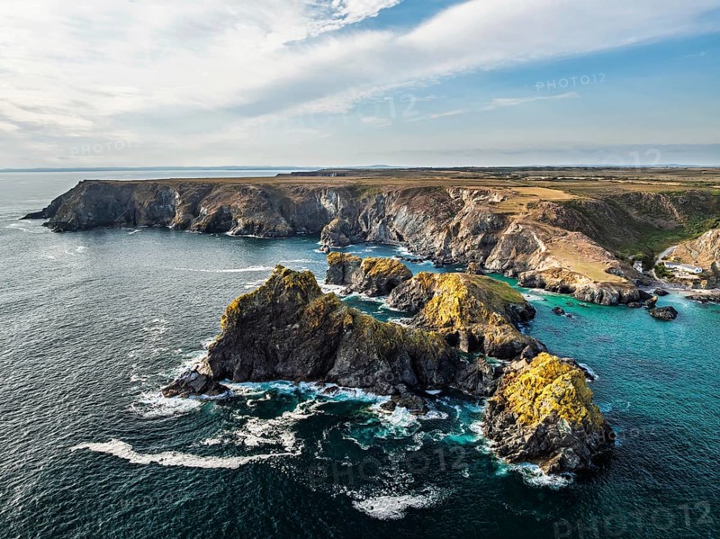 Kynance Cove from a drone, Mount's Bay, Lizard Point, Cornwall, England, United Kingdom
