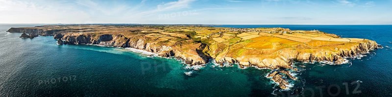 Panorama of Lizard Peninsula cliffs from a drone, South West Coast Path, Lizard, Cornwall, England, United Kingdom