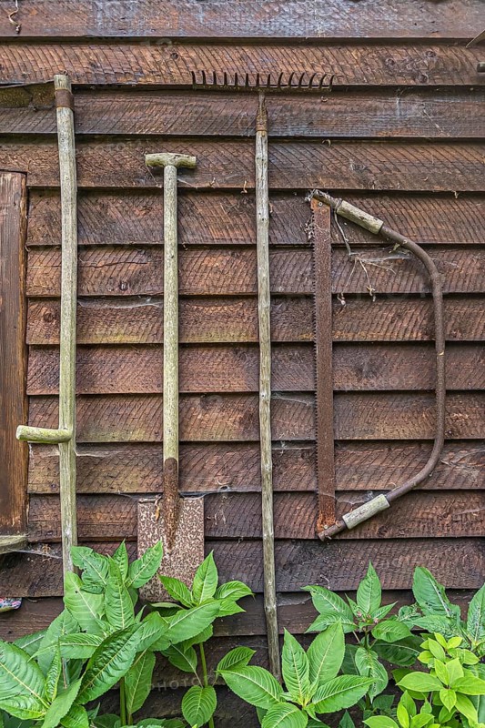 Tools for the garden on a wooden facade, equipment, work, Bissendorf, Lower Saxony, Germany