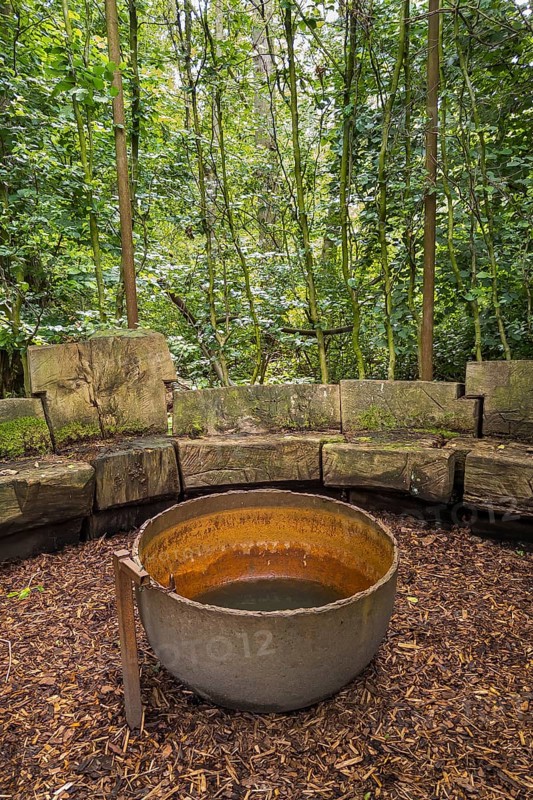 Benches in a cottage garden, esotericism, forest, Sutthausen, Osnabrück, Lower Saxony, Germany