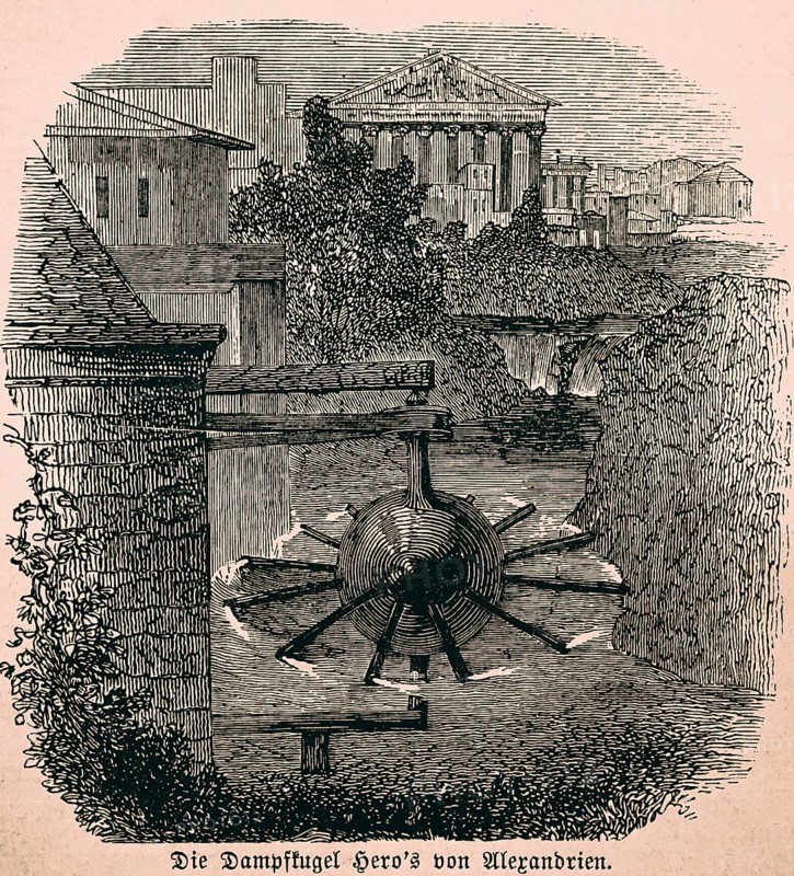 Heron of Alexandria or Heron's ball of steam, Aeolian ball, rotating ball of wind, release of latent heat, heat engine, expansion of water vapour, recoil principle, water, boiling point, experiment, ancient city, temple with columns, inventions of antiquity, technology, historical illustration 1872, Germany