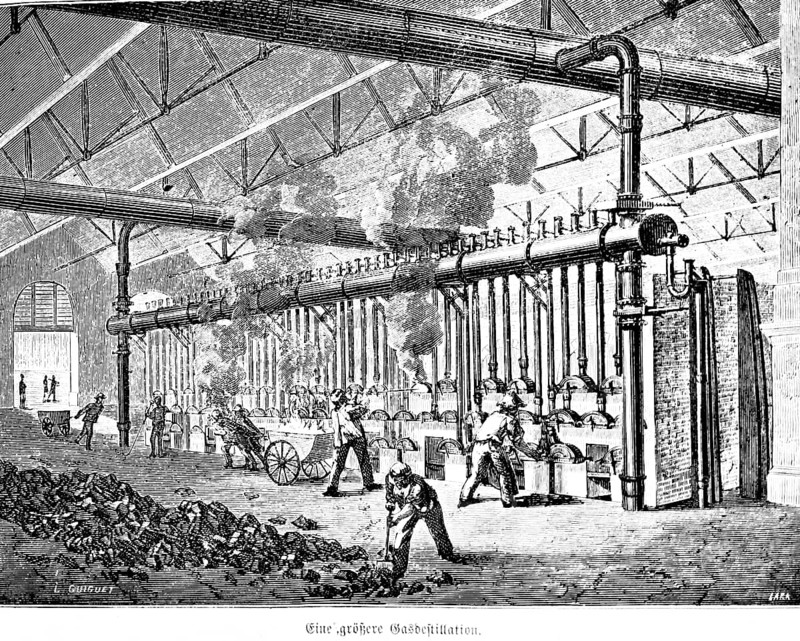 A larger gas distillation, production, stoker, worker, gas distillation, factory, hall, pipes, coal, inventions in the 19th century, technology, industry, historical illustration 1872, Germany