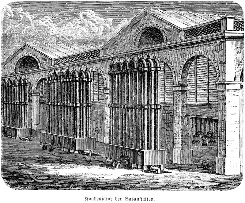 Condenser of the gasworks, gas for lighting, streetlights, lamps, public utilities, gasworks, light, production, brightness, buildings, inventions in the 19th century, technology, industry, historical illustration 1872, Germany