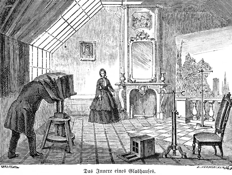 The interior of a glass house, portrait photographer with view camera on tripod, wooden tripod, accessories, mirror, woman in costume, background, bright room, inventions in the 19th century, technology, photography, historical illustration 1872, Germany