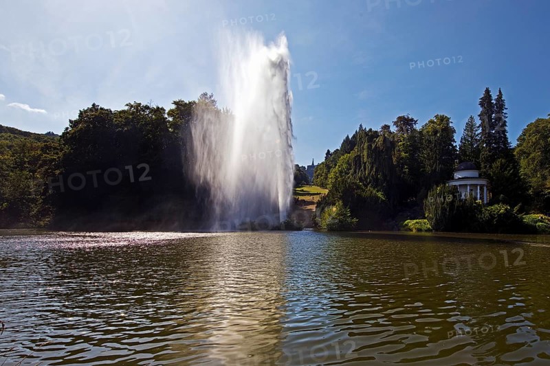 Water features at the large pond with the towering fountain, Bergpark Wilhelmshöhe, UNESCO World Heritage Site, Kassel, Hesse, Germany