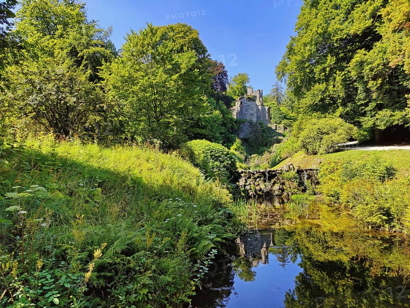 Landscape garden with artificial aqueduct in Bergpark Wilhelmshöhe, UNESCO World Heritage Site, Kassel, Hesse, Germany