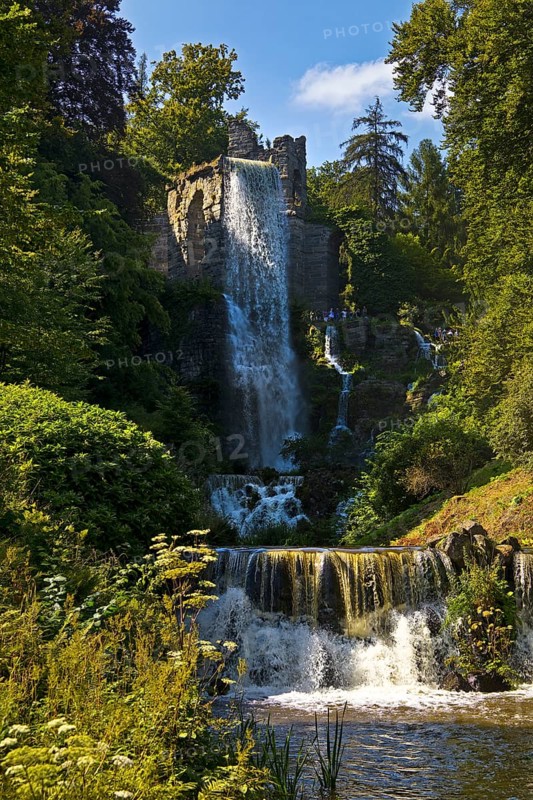 Water features at the equaduct with the highest artificial waterfall in a landscaped garden, Bergpark Wilhelmshöhe, Kassel, Hesse, Germany